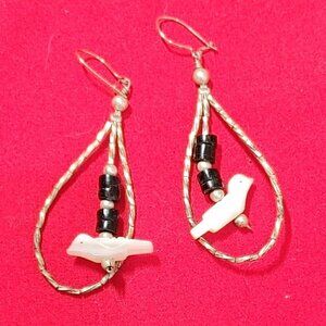 Native American Sterling Fetish Mother Of Pearl Birds Liquid Silver Hoop Earings